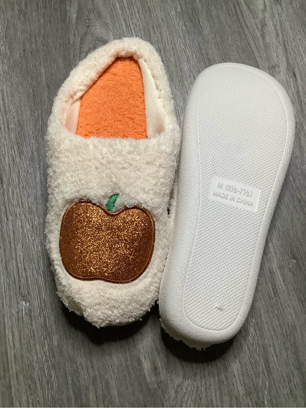 pumpkin patch Cream Plush Kids Slippers with Glitter Orange Apple